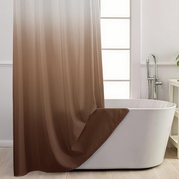 No Hook Shower Curtain with Snap in Liner, Ombre Brown Shower Curtains and Liner Set, Hotel Fabric Bath Curtain for Bathroom, Mesh Top Window Waterproof Washable, 71" x 74" - color: Ombre Brown, size: 71"W x 74"L (Pack of 1)