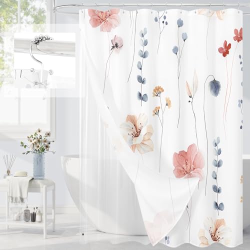 Gibelle Long 3 in 1 Shower Curtain Set, Coral Watercolor Floral Bath Curtain and PEVA Liner Set with 12 Double Sided Steel Hooks, Waterproof Fabric Bathroom Curtain 72x78 - color: Coral, size: 72"W x 78"L (Pack of 1)