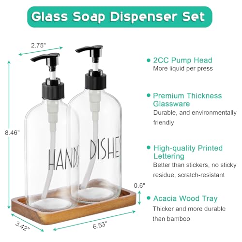 ALELION Glass Soap Dispenser with Pump - 16 OZ Clear Dish and Hand Soap Dispenser Set with Acacia Wood Tray for Kitchen Bathroom - Modern Liquid Pump Bottles - color: Clear