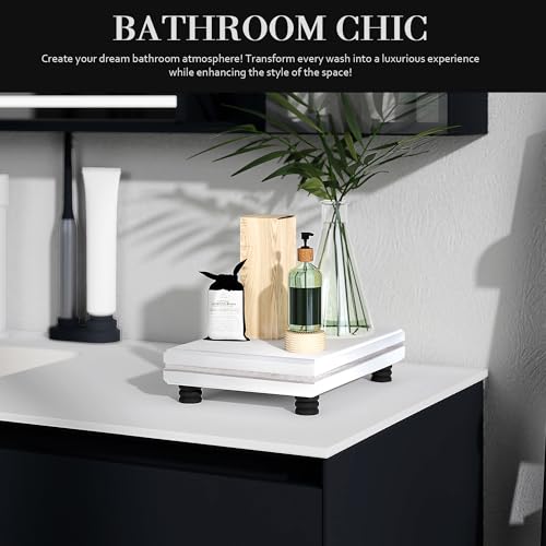 EOSAHR Farmhouse Wooden Pedestal Stand for Home and Kitchen Use – Decorative Tray for Sink Sponge Holder – The Bathroom Counter Organizer to Elevate Home Decor (Black & White) - color: Black & White