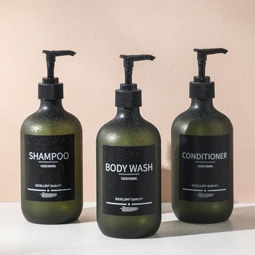 Plastic Refillable Shampoo and Conditioner Bottles with Pumps and Labels (5-Pack, Green) - color: Matte Green