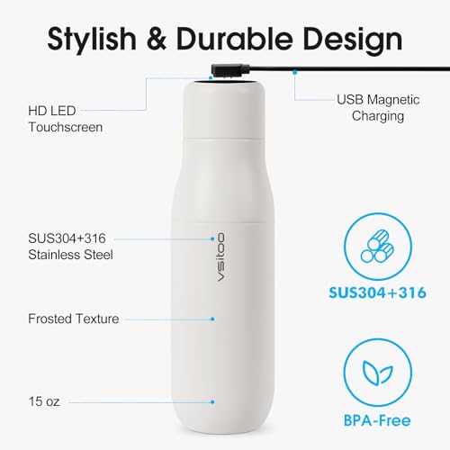 VSITOO S1 15oz Mini Insulated Stainless Steel Self-Cleaning Water Bottle | Mini 15oz Insulated Bottle for Purses & School Bags, With Auto Self-Cleaning, Touchscreen, 30-Day Battery & 24H Cold - color: White, size: 14.8 Ounces