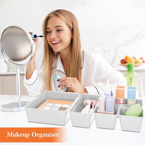 SpaceHacks 25 PCS Plastic Drawer Organizer Set, 4-Size Versatile Organizer Trays & storage Bins for Makeup, Jewelry, and Gadgets in Bathroom, Bedroom and Office, White - color: White