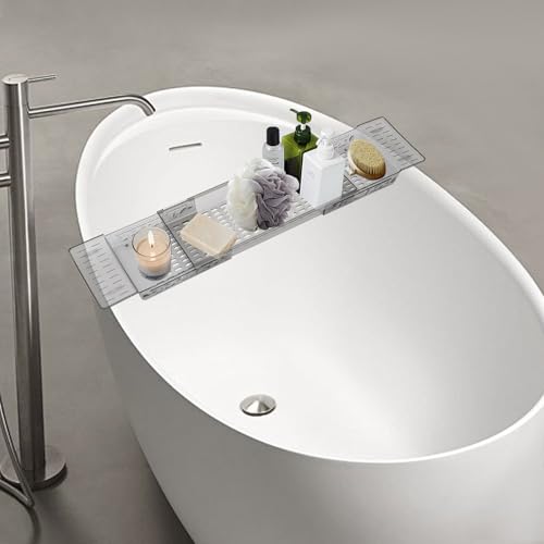 Bathtub Caddy Tray for Luxury Bathroom Bath Tub Table Tray Shelf for Shower Adjustable Expandable Bath Trays Clear Gray