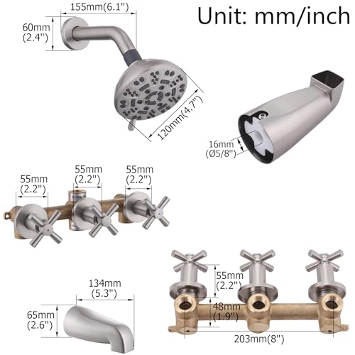 3 Handles Shower Faucet Set with Tub Spout Bathtub Shower Faucets Combo Set Shower System Complete Tub and Shower Trim Kit Shower Fixtures Brushed Nickel - color: Brushed Nickel, style: 3 Handles