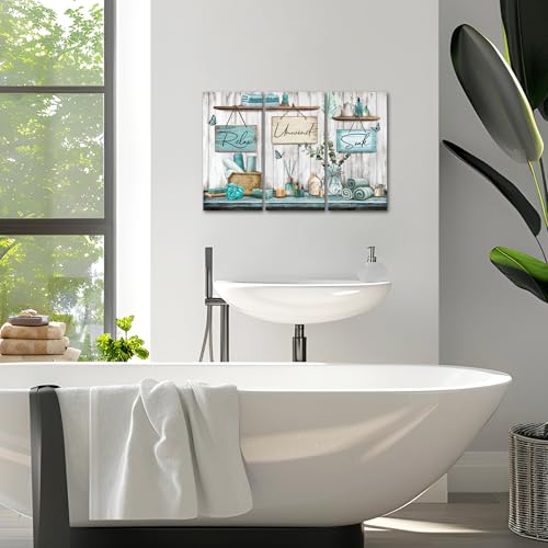 sechars Bathroom Wall Art Relax Unwind Soak Signs Canvas Prints Teal Spa Decor, 8x16 Inches Each, Framed (Teal) - color: Teal