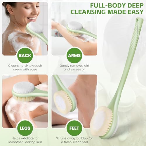 Back Scrubber for Shower with Long Handle, Dual-Sided Bath Brush with Soft Bristles & 150D Exfoliating Cloth, Anti-Slip Grip, Lightweight Back Washer for Shower, Men & Women (Green) - color: Greena