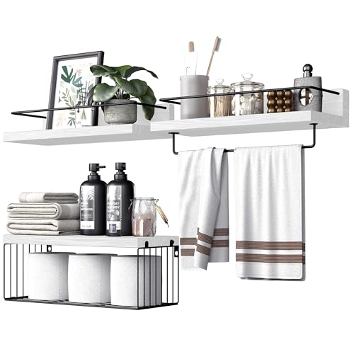 PopiShelves Bathroom Shelves Over Toilet for Wall, Floating Shelves with Storage Basket Paper Holer for Kitchen Living Room, Bedroom & Classroom, Set of 3 (White and Black) - color: White and Black, size: 15.7"