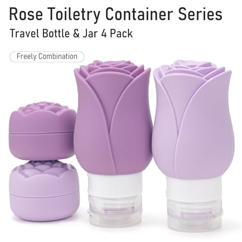Travel Containers Bottle for Toiletry 4 Pack 3oz Leakproof TSA Approved & Refillable Mini Cream Jars, Silicone Squeeze Tube Rose Bottles for Shampoo Lotion Body Wash BPA Free +Bag, Purple Rose - color: Dark Purple+Light Purple, size: 2 Bottles+ 2 Jars