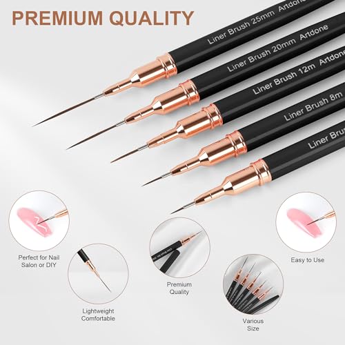 Artdone Metallic Nail Art Pens, Liner Brushes Set, 5PCS Black Nail Tools | For Long Lines, Thin Details, Fine Drawing, Liner Brush UV Gel Polish Painting Nail Design Sizes 5/8/12/20/25mm - color: Black Liner Brush Set