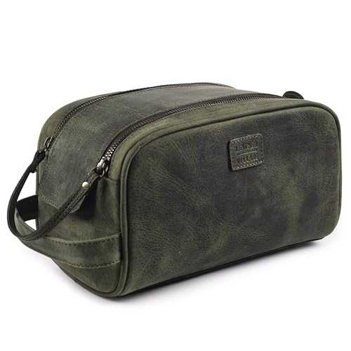 LEATHER VILLAGE Genuine Leather Toiletry Travel Pouch With Waterproof Lining - Olive | King-Size Handcrafted Vintage Dopp Kit Bag, Shaving & Bathroom Organizer, Gift for Men & Women - color: Olive