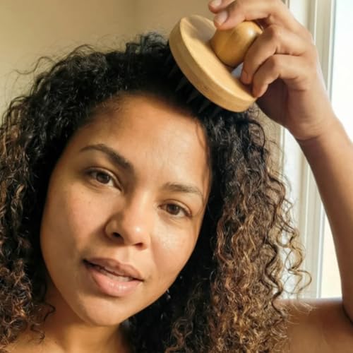 MASAMI Jinia Scalp Scrubber, Bamboo Shampoo Exfoliating Brush | Head Exfoliator, Silicone Bristles, Promotes Healthy Blood Flow, Dandruff Removal