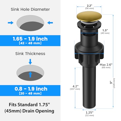 Bathroom Sink Drain with Overflow, Hurran Universal Bathroom Sink Stopper for Bathroom Vanity Vessel Sink, Plastic Pop-up Sink Drain with Hair Catcher Anti-Clog Strainer, 2 Pack, Brushed Gold | Hurran Bathroom Sink Stopper for 1.65"-1.9" Hole, Plastic Pop