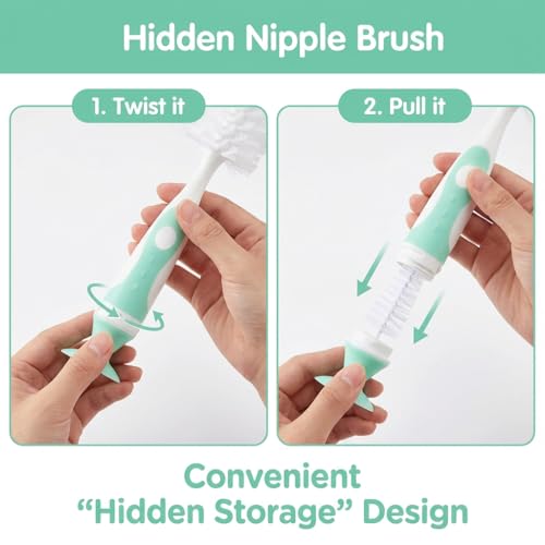 Ariseno 4-in-1 Baby Bottle Brush Set, Bottle Brush Cleaner, Bottle Cleaner Brush Set, Including Nylon Bottle Brush, Bottle Cap Brush, Straw Brush, Nipple Brush, BPA-Free (Green) - color: Green-nylon