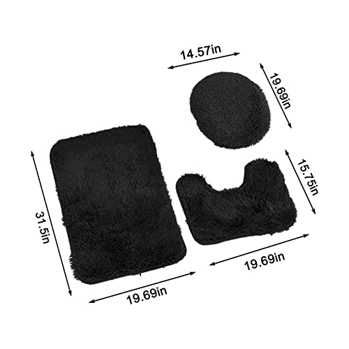 Ultra Soft Non-Slip Bath Rug Set - 3 Piece Chenille Bathroom Mat for Tub, Shower, and Toilet Floor - Plush Absorbent Solid Color (Black) - color: Black