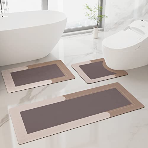 HelloTree 3PCS Bath Mat Rug Rubber Non Slip Quick Dry Rug Sets Super Absorbent Thin Bathroom Rugs Fit Under Door Khaki Washable Bathroom Floor Mats for in Front of Bathtub, Shower Room, Sink - color: Khaki, size: 20" X 32" + 20" X 47"+ U Shape 20" X 24"