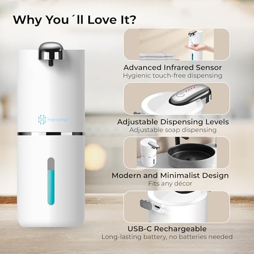 Automatic Foaming Soap Dispenser, White | IPX5 Waterproof 12.8oz / 380mL Capacity 4 Adjustable Foam Levels USB-C Rechargeable Long-Lasting Battery - color: White (Foamy)
