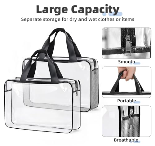 ABSOFINE Clear Toiletry Bag for Travel Size Toiletries, 4 Pack Large Waterproof PVC Makeup Bags with 2 Pack Airport Security Liquids Bags, Travel Essentials toiletry Bottles for Women Girls Men
