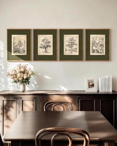 InSimSea 4 pcs Framed Wall Art, Vintage Sketch Tree Canvas Prints, Bathroom Kitchen Sage Green Nature Decor, Neutral Toned, Rustic Shelf Decor, Small Size,11x14in - color: green Sketch tree