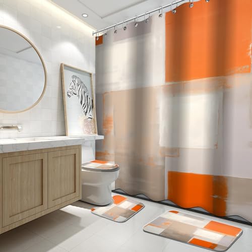 Lnond 4Pcs Bathroom Shower Curtain Sets with Rugs,Orange Brown Painting Art Bathroom Sets with Shower Curtain and Rugs and Accessories - color: Orange Brown White