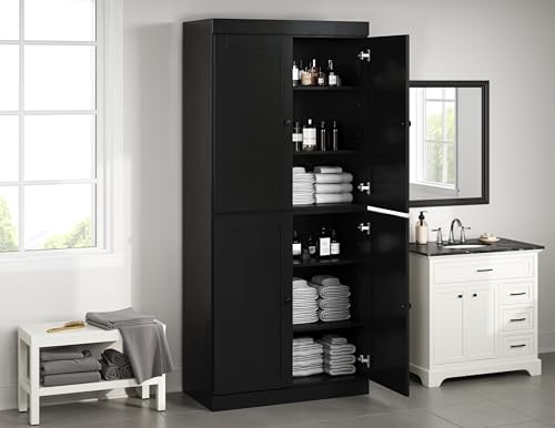 Palace Imports Solid Wood Tall Bathroom Pantry Cabinet with 4 Shaker Doors & Adjustable Shelves, Black - 100% Eco-Friendly, Renewable, Space-Saving Storage, 71.5" H x 32" W, Made in Brazil - color: Black