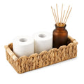 Scalloped Edge Toilet Paper Basket, Water Hyacinth Wicker Basket for Back of Toilet Tank, Long Narrow Bathroom Counter Organizer with Wooden Handles for Vanity, Shelf, Storage