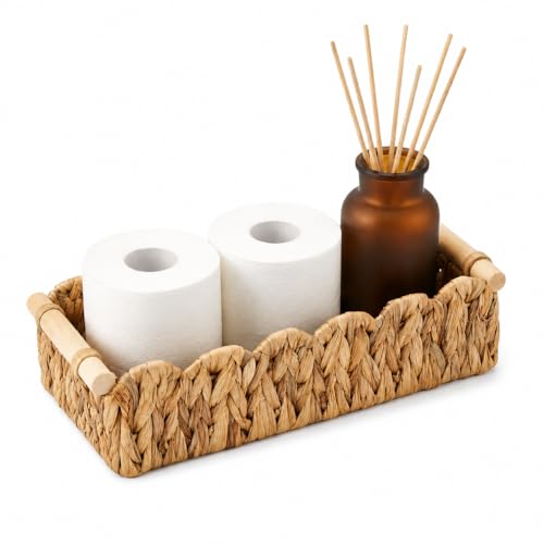 Scalloped Edge Toilet Paper Basket, Water Hyacinth Wicker Basket for Back of Toilet Tank, Long Narrow Bathroom Counter Organizer with Wooden Handles for Vanity, Shelf, Storage