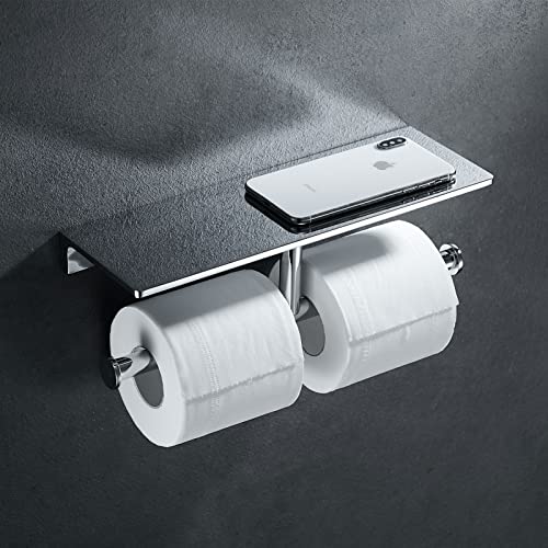 Heavy-Duty Double Toilet Paper Holder, Polished Chrome Dual Roll Toilet Tissue Holder with Phone Shelf | Solid Brass, Wall-Mount | Home & Commercial Bathroom - color: Chrome