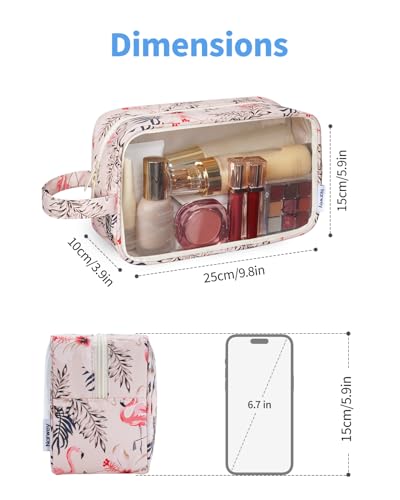 Narwey Clear Toiletry Bags for Traveling Women Men, Clear Travel Bags for Toiletries Makeup Bag Cosmetic Bag with Zipper, Make Up Organizer, Skincare Bag (Beige Flamingo) - color: Beige Flamingo