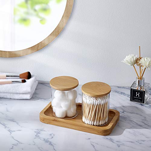 INIUNIK Qtip Holder with Bamboo Vanity Tray, Glass Apothecary Jars with Lids, Cotton Ball Swab Pad Rounds Holder Bathroom Canister Jars for Bathroom Restroom Decorations and Organizer - size: 2 Pack with Tray