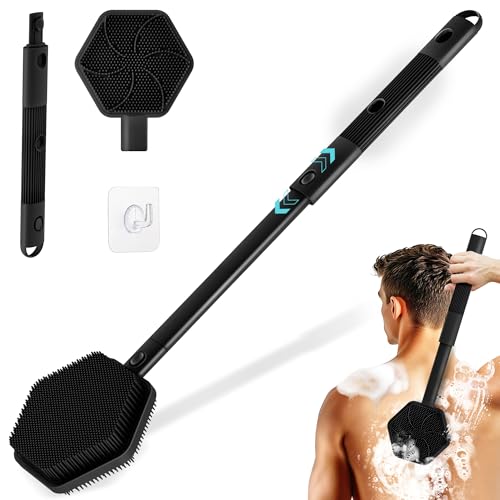 Silicone Back Scrubber for Shower, 16''-21''Extendable Shower Back Scrubber with Dual-Side Large Brush Head, 3-Length Back Brush Bath Brush with Strong Handle & Rich Foaming Bristles(Black) - color: Black
