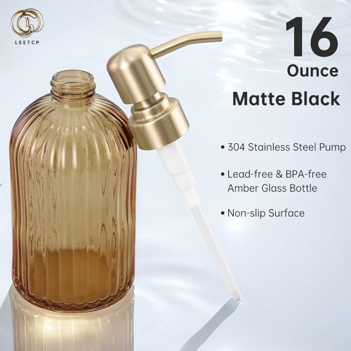 16 OZ Amber Glass Soap Dispenser, Amber Stripe Bathroom Hand Soap Dispensers with Stainless Steel Brushed Gold Pump,Brown Glass Kitchen Hand Soap Dispenser with Brushed Gold Pump,2 Packs - color: Brushed Gold + Amber, size: 2-Pack