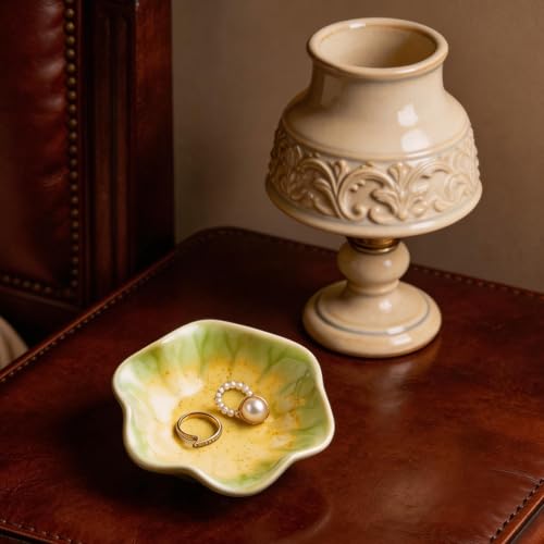 Ceramic Lotus Leaf Trinket Dish, Ring Holder for Jewelry | Keeps earrings, necklaces, keys, and keepsakes handy on vanities or nightstands, a sweet gift for moms, sisters, and friends - color: Sesame Gold