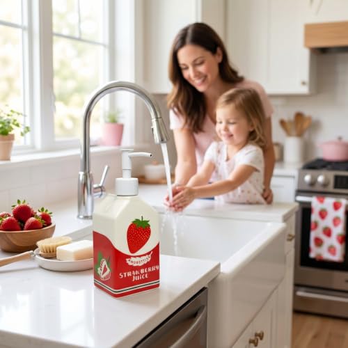 Ceramic Strawberry Dish Hand Soap Dispenser Pump Bottle Bathroom Kitchen | Cute Funny Design, Refillable, Reusable, 300ml/10oz - color: Strawberry