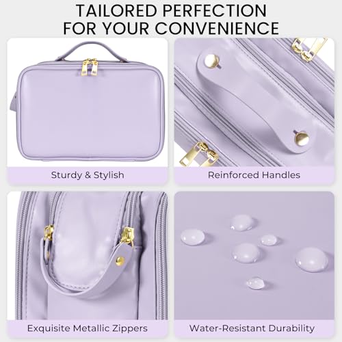 HauteHues Travel Makeup Bag Women's Large Capacity Cosmetic Portable Organizer Large Opening Waterproof Storage Toiletry Bags Vertical Free-Standing Brush Holder for Easy Access Purple - color: Purple