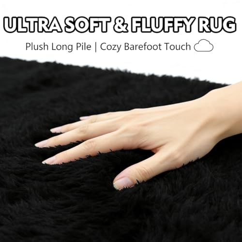 RUN HELIX Black Bathroom Rugs Sets 3 Piece Shaggy Bath Mat Non-Slip Mats Water Absorbent Bath Rug Floor Mats Soft Washable Shower Rug with U-Shaped Contour Rug Toilet Lid Cover Home Decor Accessories - color: Black
