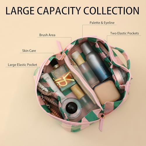 DYSHAYEN Stripe Travel Makeup Bag with Compartments Clear Coated Cosmetic Bag for Women, Waterproof Portable Open Flat Toiletry bag （Pink-Green） - color: Pink-Green