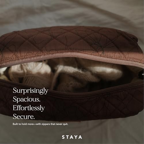 Staya Quilted Makeup Bag for Women – Cotton Travel Cosmetic & Toiletry Pouch, Small Aesthetic Organizer for Purse & Carry-On (Cacao) - color: Cacao