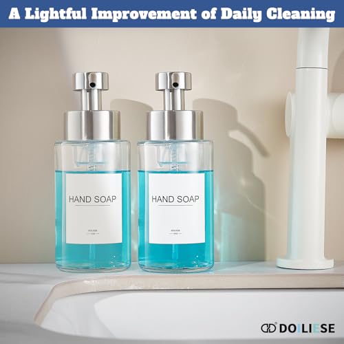 Glass Foaming Hand Soap Dispenser, 10 oz Easy Refill Bathroom Soap Dispenser, Foaming Dispenser with Stainless Steel Pump & Waterproof Labels, Foam Soap Pump Bottles for Handwashing, 2 Sets - color: Brushed Nickel Foam 2pc