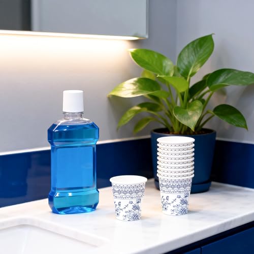 WRAPAHOLIC 3oz Paper Cups - 100 Pack Disposable Bathroom Cups with Sketch Blue Floral Design, Small Mouthwash Cup for Toothbrush Rinse, Home Bathroom, Picnic, BBQ, Travel and Party - color: Blue Flower