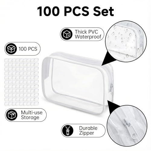 100 Pcs Clear Makeup Bags Bulk Graduation/Dad Gifts Bag Tsa Approved Toiletry Bag for Travel Transparent Cosmetic Bag Waterproof Travel Small Pouches with Zipper for Men and Women (White) - color: White
