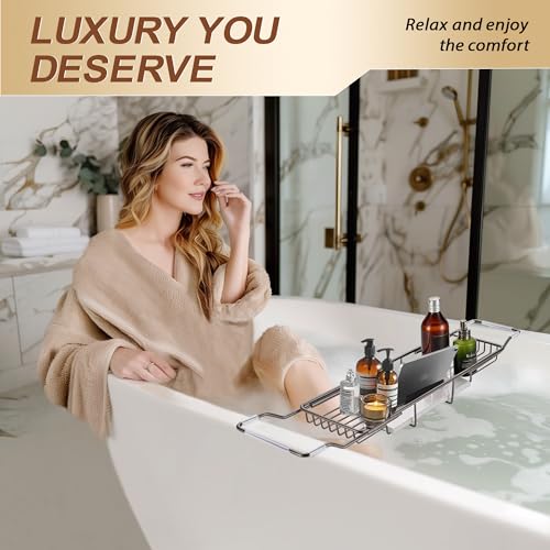 BVL Bathtub Tray Stainless Steel with Marble Base Gun Gray Bathtub Tray with White Marble Base Adjustable & Rustproof Bath Caddy for Spa, Relaxation, Bath Bombs - color: Gun Gray