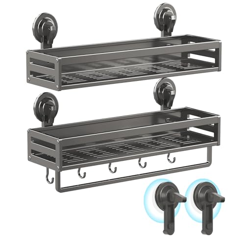 Suction Cup Shower Caddy, 15.7inch Extended Version, with 5 Hooks & Towel Rrack, No Drilling Required, Rust-Resistant Bathroom Shower Organizer (Dark Gray, 2-Pack) - size: 15.7 inches(2pack Dark Grey)