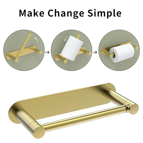 Adhesive Toilet Paper Holder Gold Double Post Pivoting Bathroom Toilet Tissue Holder Roll Holder Stick On No Drilling Stainless Steel and Zinc Alloy - color: Brushed Gold
