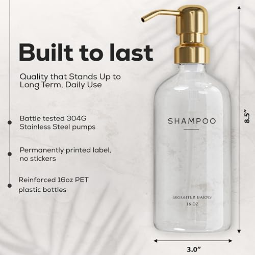 Luxury Shampoo and Conditioner Dispenser Set by Brighter Barns - Shampoo Conditioner Body Wash Dispenser - Refillable Plastic Shower Bottles for Gold Bathroom Decor, Airbnb, Spa, Hotel (Clear/Gold) - color: Clear Gold
