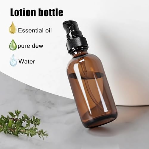 12Pack 4oz Amber Glass Pump Bottles with Black Pump | 120ml, Empty Refillable, Travel Small Container, For Lotion Cream Essential Oil Shampoo - size: 4oz amber