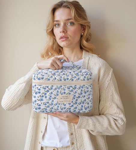HBselect Quilted Makeup Bag, 3PCS Cotton Large Travel Makeup Bag, Cute Floral Coquette Make up Bag Cosmetic Bag Toiletry Bag for Women Girls - color: A-3PCS-Floral 24