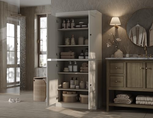 Palace Imports Solid Wood Tall Bathroom Storage Cabinet - 71.5" H x 32" W - Off White Wooden Cabinet with 4 Raised Panel Doors & Adjustable Shelves, 100% Renewable Eco-Friendly Wood, Modular Cabinets - color: Off White