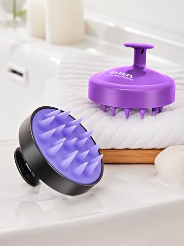 HEETA Scalp Massager Hair Growth 2-Pack, Soft Silicone Scalp Scrubber Shampoo Brush for Exfoliation Dandruff Removal Head Massage Stress Relax, Wet & Dry Use for Women Men Thick Thin Curly Hair Care - color: 01- Black & Purple