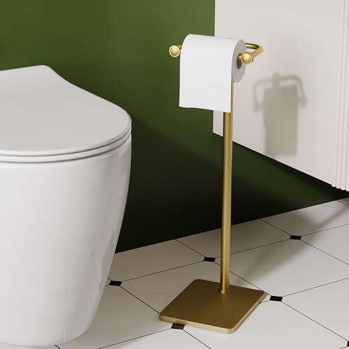 RUACQ Toilet Paper Holder Stand, Bathroom Toilet Paper Roll Holder Free Standing, Toilet Tissue Holder Stand with Post Pivoting Design, Stable Weighted Base, SUS304 Stainless Steel (Brushed Gold) - color: Brushed Gold, size: Free Standing